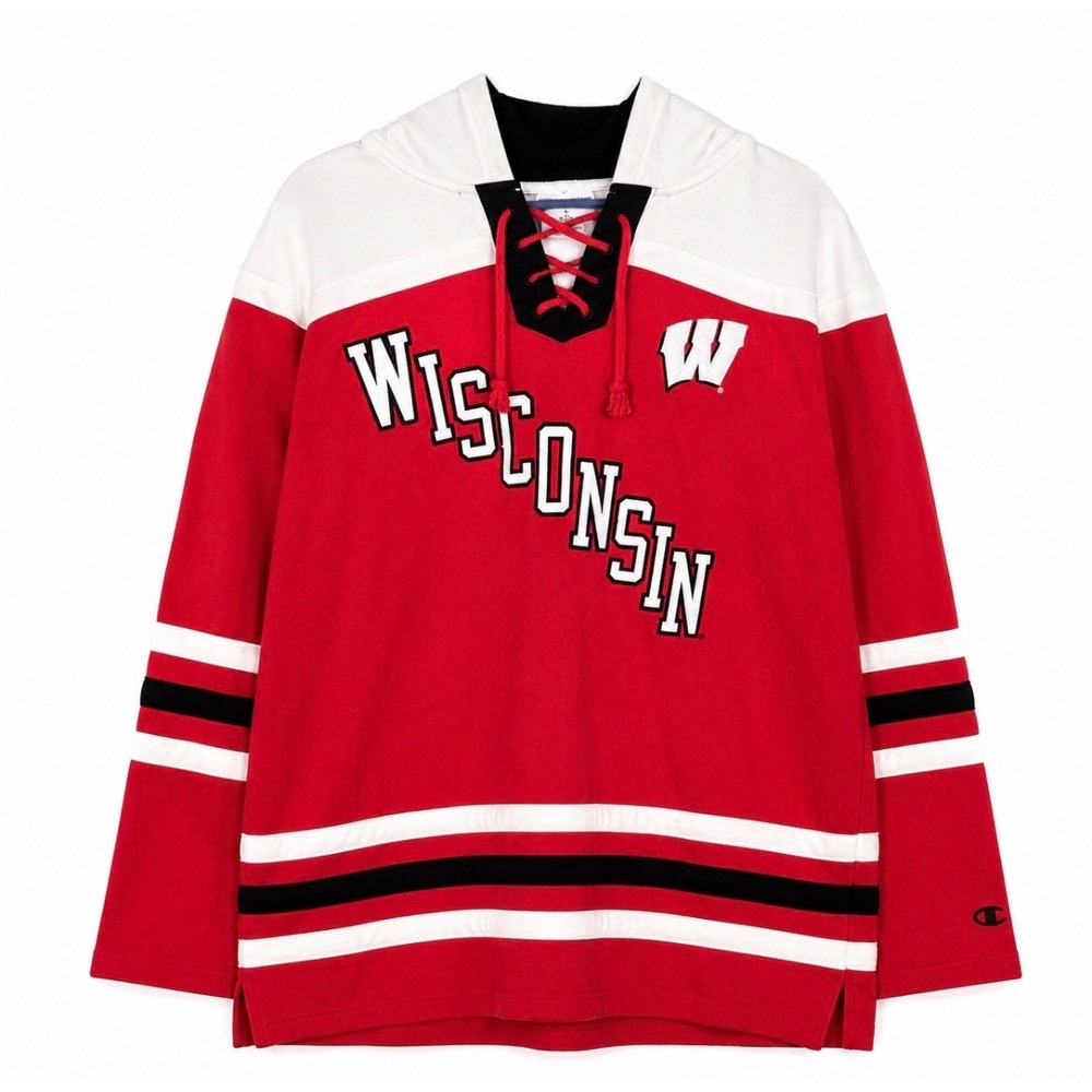 Champion Wisconsin Badgers Lace-Up Hockey Hoodie Sweatshirt XL Red NCAA Pullover